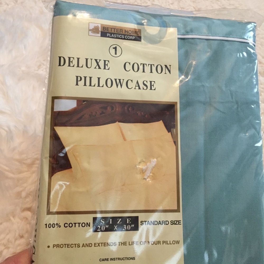 New Vintage Aqua Blue Pillowcase with White Trim Cotton Deadstock
